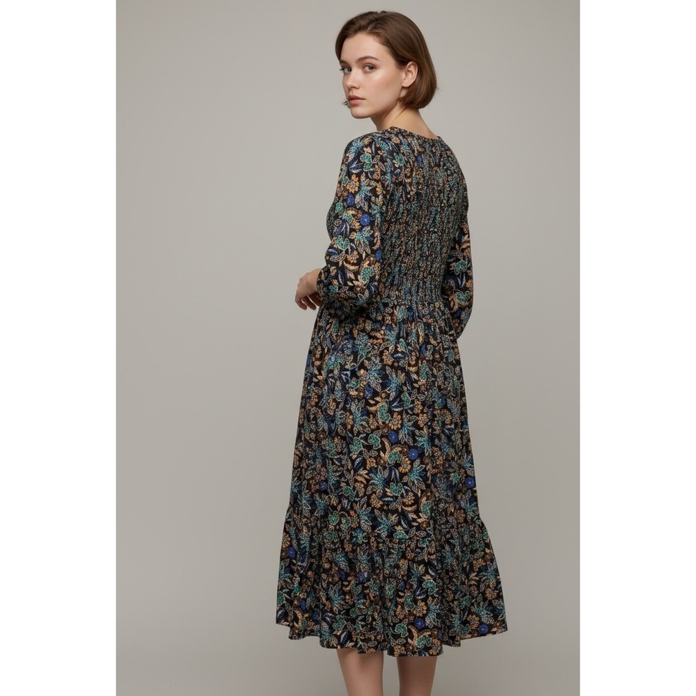 J. Jill Smocked Floral Midi Dress Black Blue Multi Small Tiered Ruffle Hem Boho